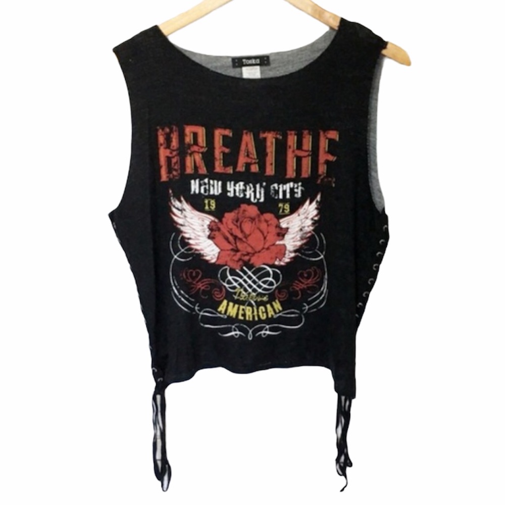 Black Graphic Print "Breathe" Lace Up Jersey Knit Soft Sleeveless Muscle Top
